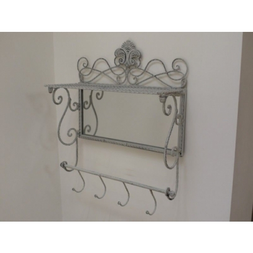 AGED FINISH METAL COAT HOOKS WITH MIRROR WITH 4 HOOKS AND A SHELF (3020)