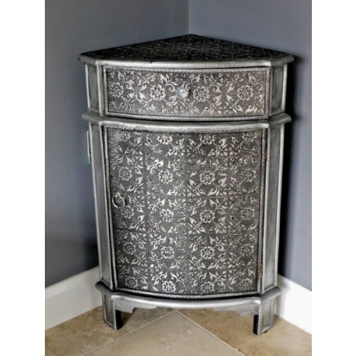 Blackened Silver Embossed, Chic French Corner cabinet storage unit 3235