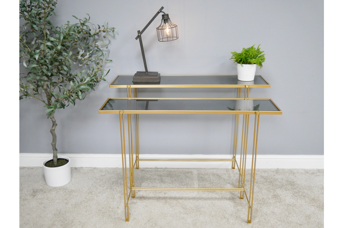 Set of 2 Gold Finish Glass Top Side Tables